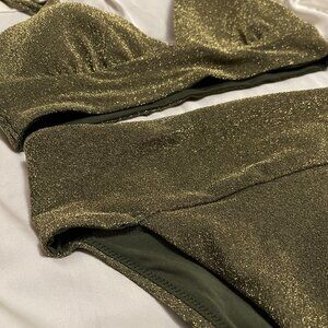 Aerie High Cut Cheeky Gold Shimmer Bikini Set, NWT & hygienic liner, size S.